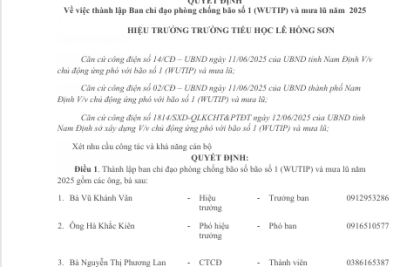 Trường TH Lê Hồng Sơn công khai quyết định về việc phòng chống bão số 1 (WUTIP) và mưa lũ năm 2025