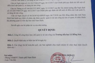 Công bố quyết định công bố công khai quy chế quản lý tài sản công của trường TH Lê Hồng Sơn